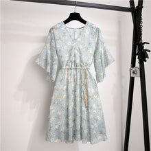 Load image into Gallery viewer, Spring Summer Chiffon Dress Women Knee Length V-Neck Print Dresses Sweet Ruffle Sleeeve Slim New Casual Drawstring Women Dress