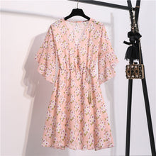 Load image into Gallery viewer, Spring Summer Chiffon Dress Women Knee Length V-Neck Print Dresses Sweet Ruffle Sleeeve Slim New Casual Drawstring Women Dress