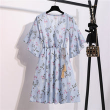 Load image into Gallery viewer, Spring Summer Chiffon Dress Women Knee Length V-Neck Print Dresses Sweet Ruffle Sleeeve Slim New Casual Drawstring Women Dress
