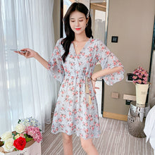Load image into Gallery viewer, Spring Summer Chiffon Dress Women Knee Length V-Neck Print Dresses Sweet Ruffle Sleeeve Slim New Casual Drawstring Women Dress