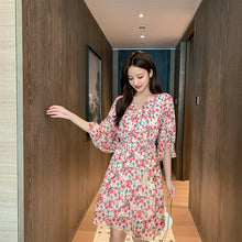 Load image into Gallery viewer, Spring Summer Chiffon Dress Women Knee Length V-Neck Print Dresses Sweet Ruffle Sleeeve Slim New Casual Drawstring Women Dress