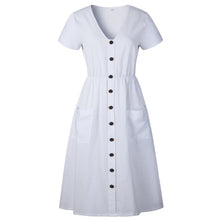 Load image into Gallery viewer, Cotton Linen Women Summer Dress 2020 Casual V-neck Button Pocket Short Sleeve A-line Midi Dresses For Women Vestidos