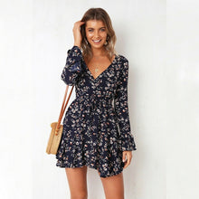 Load image into Gallery viewer, Women Autumn Long Sleeve Sexy Mini Dresses Flower Ladies Casual V-Neck Short Summer Dresses 2020