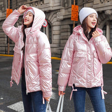 Load image into Gallery viewer, Winter women short parkas jackets casual female thicken warm hooded jackets coat windprood shiny big pocket jackets