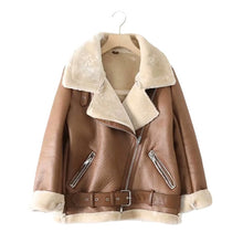 Load image into Gallery viewer, Fur Long Sleeved Loose Belt Warm Women's Jacket Lamb Wool Winter Thickened Locomotive Lapel Female Coat Beige Black Chic PU Tops