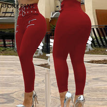 Load image into Gallery viewer, Women Solid High Waist Eyelet O Ring Zipper Design Skinny Pants Casual Pants Fashion Pants With Belt