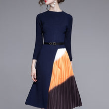 Load image into Gallery viewer, Autumn Winter Elegant Knitted Patchwork Gradient Pink Pleated Dress Women Long Sleeve Office One-Piece Sweater Dress With Belt