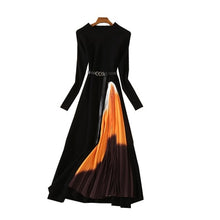 Load image into Gallery viewer, Autumn Winter Elegant Knitted Patchwork Gradient Pink Pleated Dress Women Long Sleeve Office One-Piece Sweater Dress With Belt