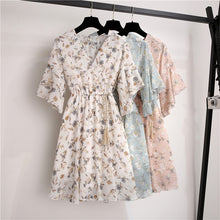 Load image into Gallery viewer, Spring Summer Chiffon Dress Women Knee Length V-Neck Print Dresses Sweet Ruffle Sleeeve Slim New Casual Drawstring Women Dress