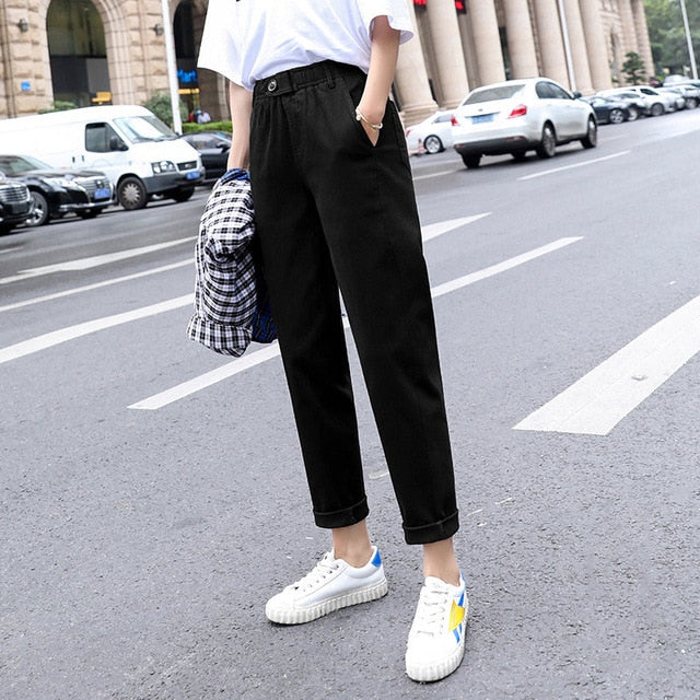 Womens Straight Casual Pants Fashion Overalls Korean High Waist Harem Pants Loose Elastic Waist Plus Size Pants Women Trousers