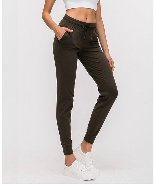 NWT Waist Drawstring  Pants Fitness Women Sweatpants with Two Side Pockets 4-Way Stretch Leggings Lady Stretchy Pants