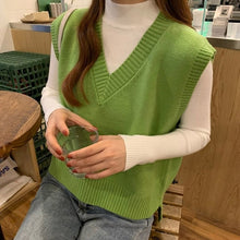 Load image into Gallery viewer, Autumn Sleeveless Sweater Women Sweet Solid Color V Neck Knitted Loose Sleeveless Slim Vest Jumpers Pull Femme Sweaters
