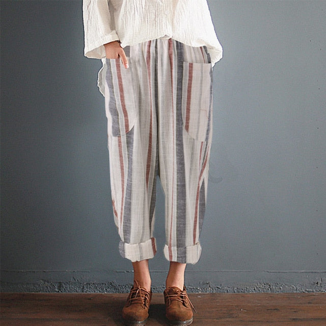 Plus Size Cotton Linen Trousers Women Summer Loose Harem High Waist Stripe Pocket Pant Casual Pantalon Female Sweatpants Trouser