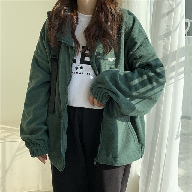 Jackets Women Loose Plus Velvet Zip-up Pockets Letter Casual Oversize BF Ulzzang Harajuku Daily Streetwear Womens Trendy New Hot