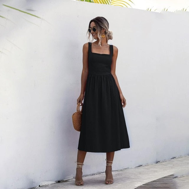 Women Long Dress Summer Sexy Backless Casual White Black Ruched Slip Midi Sundresses 2020 Ladies Pleated Spaghetti Strap Clothes