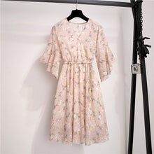 Load image into Gallery viewer, Spring Summer Chiffon Dress Women Knee Length V-Neck Print Dresses Sweet Ruffle Sleeeve Slim New Casual Drawstring Women Dress

