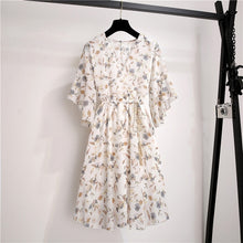 Load image into Gallery viewer, Spring Summer Chiffon Dress Women Knee Length V-Neck Print Dresses Sweet Ruffle Sleeeve Slim New Casual Drawstring Women Dress
