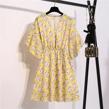 Load image into Gallery viewer, Spring Summer Chiffon Dress Women Knee Length V-Neck Print Dresses Sweet Ruffle Sleeeve Slim New Casual Drawstring Women Dress
