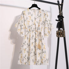 Load image into Gallery viewer, Spring Summer Chiffon Dress Women Knee Length V-Neck Print Dresses Sweet Ruffle Sleeeve Slim New Casual Drawstring Women Dress
