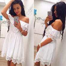 Load image into Gallery viewer, Fashion Women Elegant Vintage sweet lace white Dress Stylish Sexy Slash Neck Casual Slim Beach Summer Sundress Female vestidos
