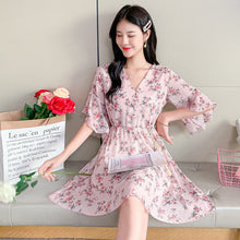 Load image into Gallery viewer, Spring Summer Chiffon Dress Women Knee Length V-Neck Print Dresses Sweet Ruffle Sleeeve Slim New Casual Drawstring Women Dress
