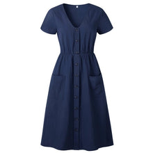 Load image into Gallery viewer, Cotton Linen Women Summer Dress 2020 Casual V-neck Button Pocket Short Sleeve A-line Midi Dresses For Women Vestidos
