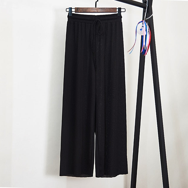 Women Summer Thin Knit Trousers Black Wide Leg Loose Pants Ankle Length Pants Casual trouser Elastic Waist Plus Size Pants S-4XL