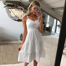 Load image into Gallery viewer, Simplee Casual white women summer beach dress Bow-knot spaghetti embroidery female midi dress backless holiday dress vestidos
