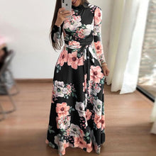 Load image into Gallery viewer, Women autumn Dress 2020 Casual Long Sleeve Long Dress Boho Floral Print Maxi Dress Turtleneck Bandage Elegant Dresses Vestidos
