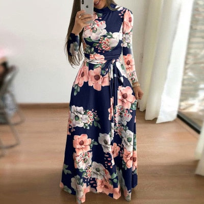 Women autumn Dress 2020 Casual Long Sleeve Long Dress Boho Floral Print Maxi Dress Turtleneck Bandage Elegant Dresses Vestidos