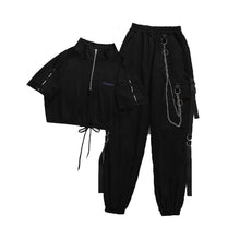 Load image into Gallery viewer, Women&#39;s Cargo Pants Buckle Ribbon Pocket Jogger Elastic Waist High Streetwear Harajuku Pant Chain Females Two Piece Pants
