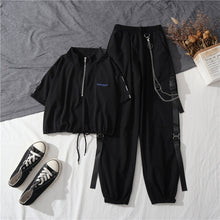 Load image into Gallery viewer, Women&#39;s Cargo Pants Buckle Ribbon Pocket Jogger Elastic Waist High Streetwear Harajuku Pant Chain Females Two Piece Pants
