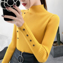 Load image into Gallery viewer, 2020 Women Autumn Knitted Slim Sweaters Solid Knitted Female Cotton Soft Elastic Color Pullovers Button Full Sleeve Turtleneck
