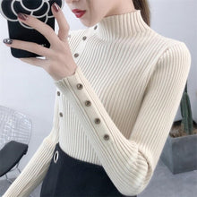 Load image into Gallery viewer, 2020 Women Autumn Knitted Slim Sweaters Solid Knitted Female Cotton Soft Elastic Color Pullovers Button Full Sleeve Turtleneck
