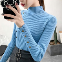 Load image into Gallery viewer, 2020 Women Autumn Knitted Slim Sweaters Solid Knitted Female Cotton Soft Elastic Color Pullovers Button Full Sleeve Turtleneck
