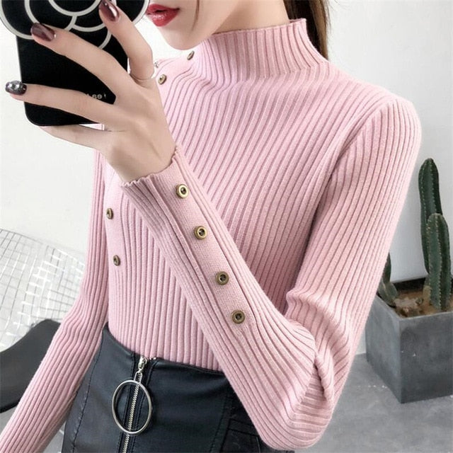 2020 Women Autumn Knitted Slim Sweaters Solid Knitted Female Cotton Soft Elastic Color Pullovers Button Full Sleeve Turtleneck