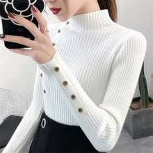 Load image into Gallery viewer, 2020 Women Autumn Knitted Slim Sweaters Solid Knitted Female Cotton Soft Elastic Color Pullovers Button Full Sleeve Turtleneck
