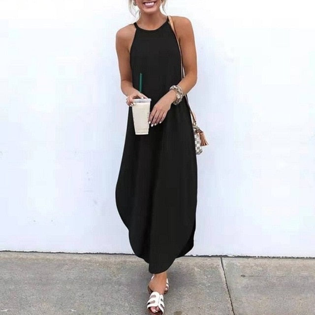 Women Dress Summer 2020 Casual Sleeveless Halter Solid Beach Long Dress Round Neck Sling Fashion Beach Clothes Plus Size 5XL