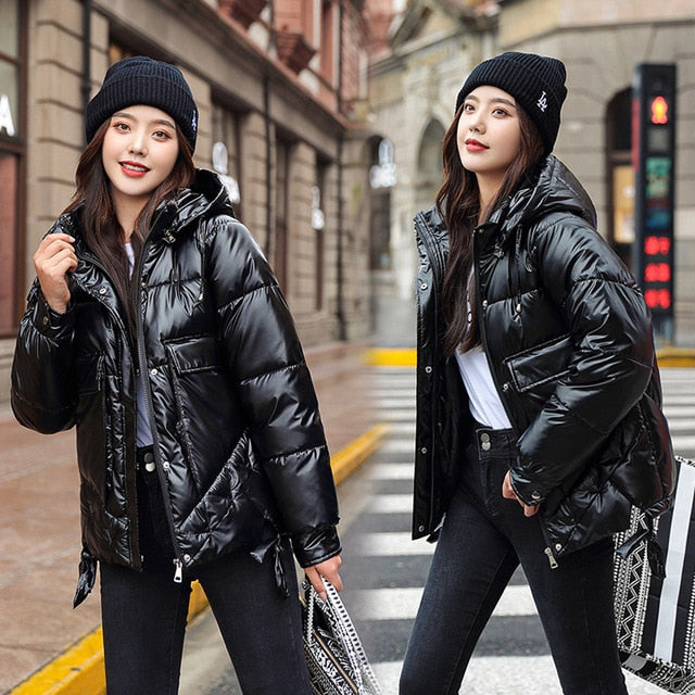 Winter women short parkas jackets casual female thicken warm hooded jackets coat windprood shiny big pocket jackets