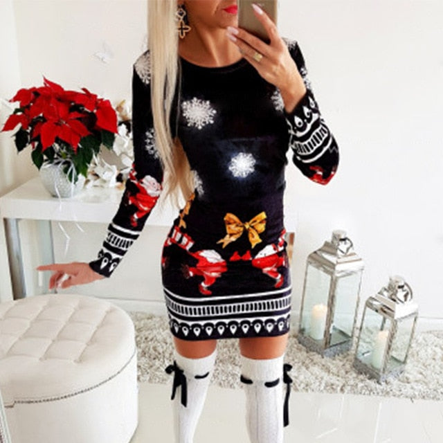 Dresses for Women Christmas Bodycon 2020 Fashion knitted Print Woman Dress Long Sleeve Autumn Winter Clothing for Female D30