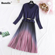 Load image into Gallery viewer, Autumn Winter Elegant Knitted Patchwork Gradient Pink Pleated Dress Women Long Sleeve Office One-Piece Sweater Dress With Belt
