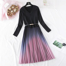 Load image into Gallery viewer, Autumn Winter Elegant Knitted Patchwork Gradient Pink Pleated Dress Women Long Sleeve Office One-Piece Sweater Dress With Belt
