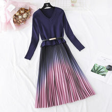 Load image into Gallery viewer, Autumn Winter Elegant Knitted Patchwork Gradient Pink Pleated Dress Women Long Sleeve Office One-Piece Sweater Dress With Belt
