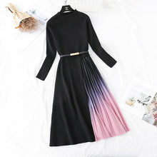 Load image into Gallery viewer, Autumn Winter Elegant Knitted Patchwork Gradient Pink Pleated Dress Women Long Sleeve Office One-Piece Sweater Dress With Belt
