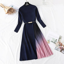 Load image into Gallery viewer, Autumn Winter Elegant Knitted Patchwork Gradient Pink Pleated Dress Women Long Sleeve Office One-Piece Sweater Dress With Belt
